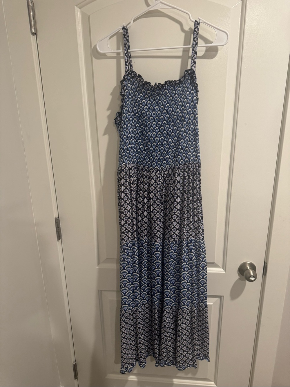 Women’s Blue Patterned Tiered Maxi Dress with Adjustable Straps